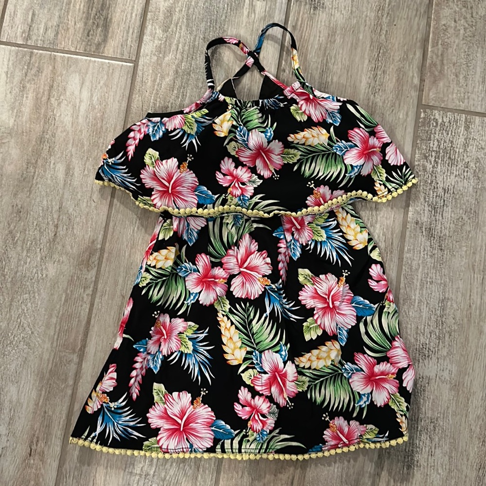 Girls Black Floral Island Shoulder Dress